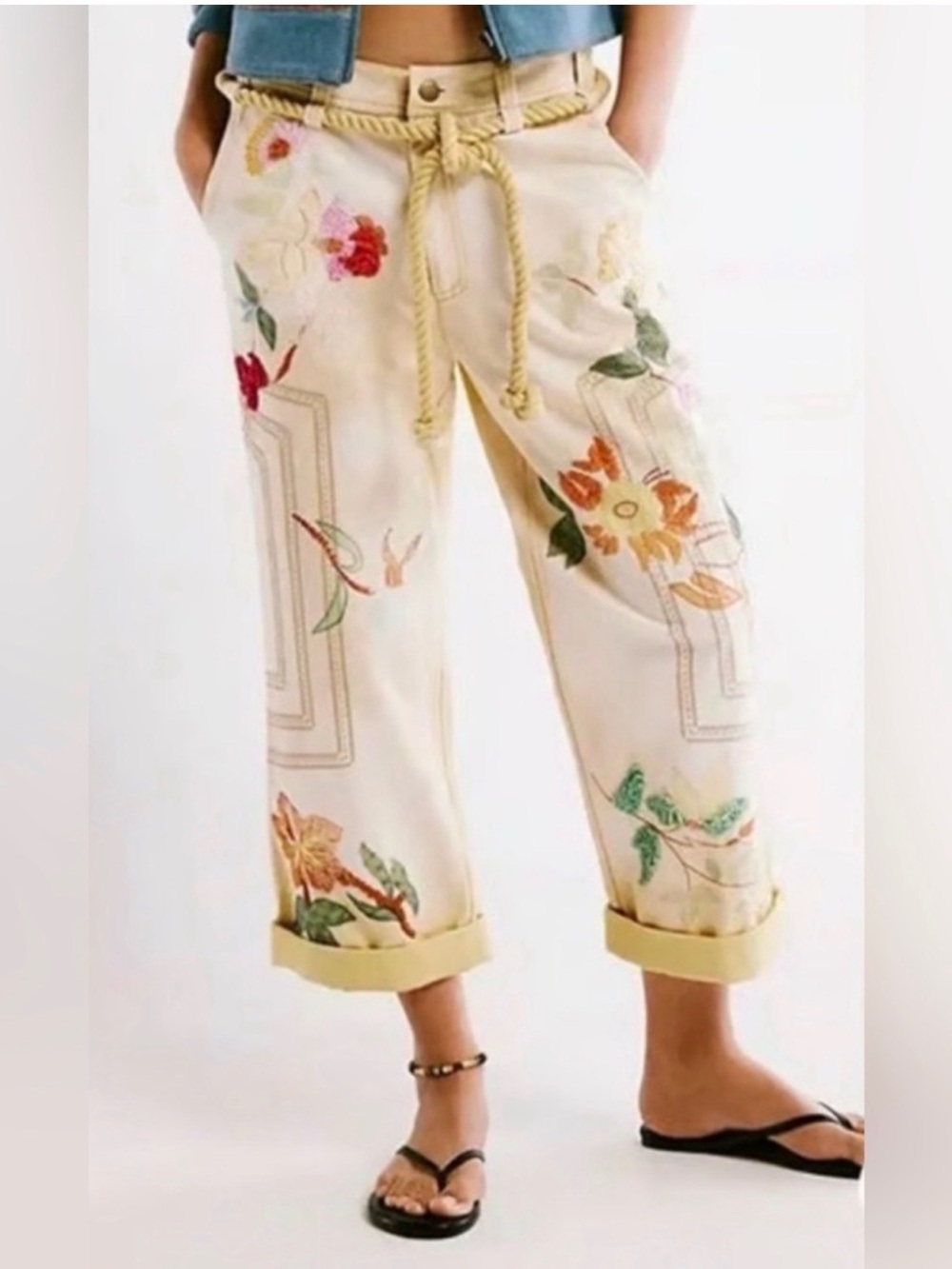 We The Free- Free People Embroidered Floral Cropped Cream Pants